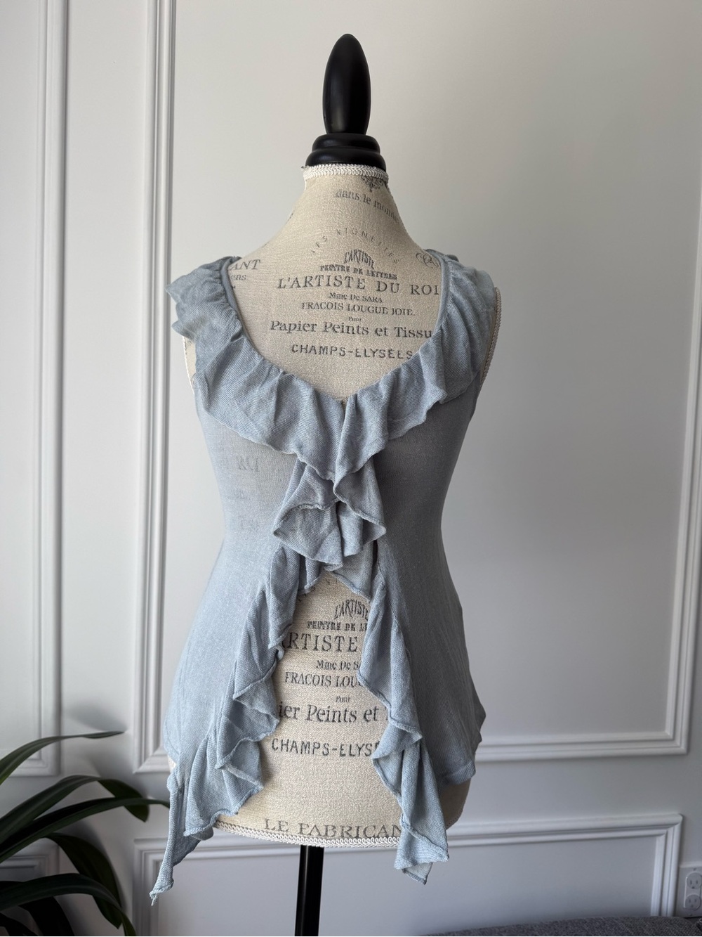 Light Blue Gray Ruffle Front Sleeveless Top